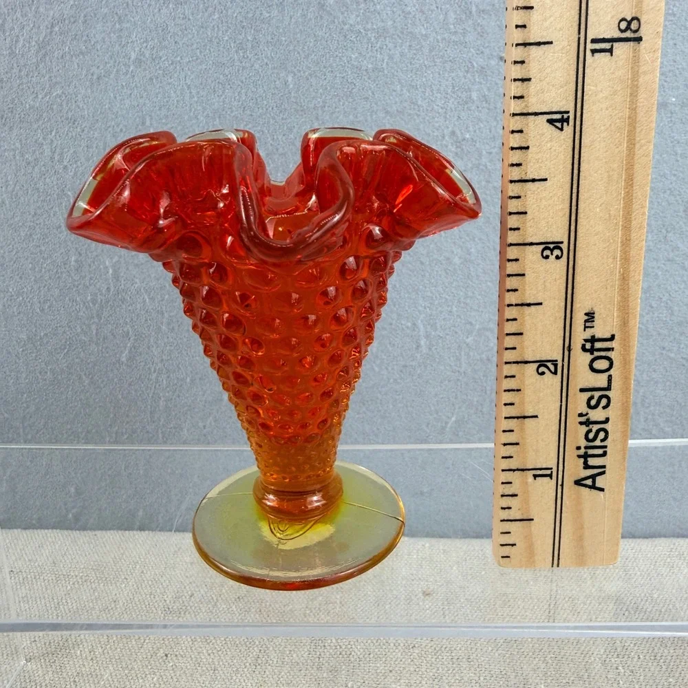 VTG‎ Signed Fenton Amberina Hobnail Ruffled Vase 5